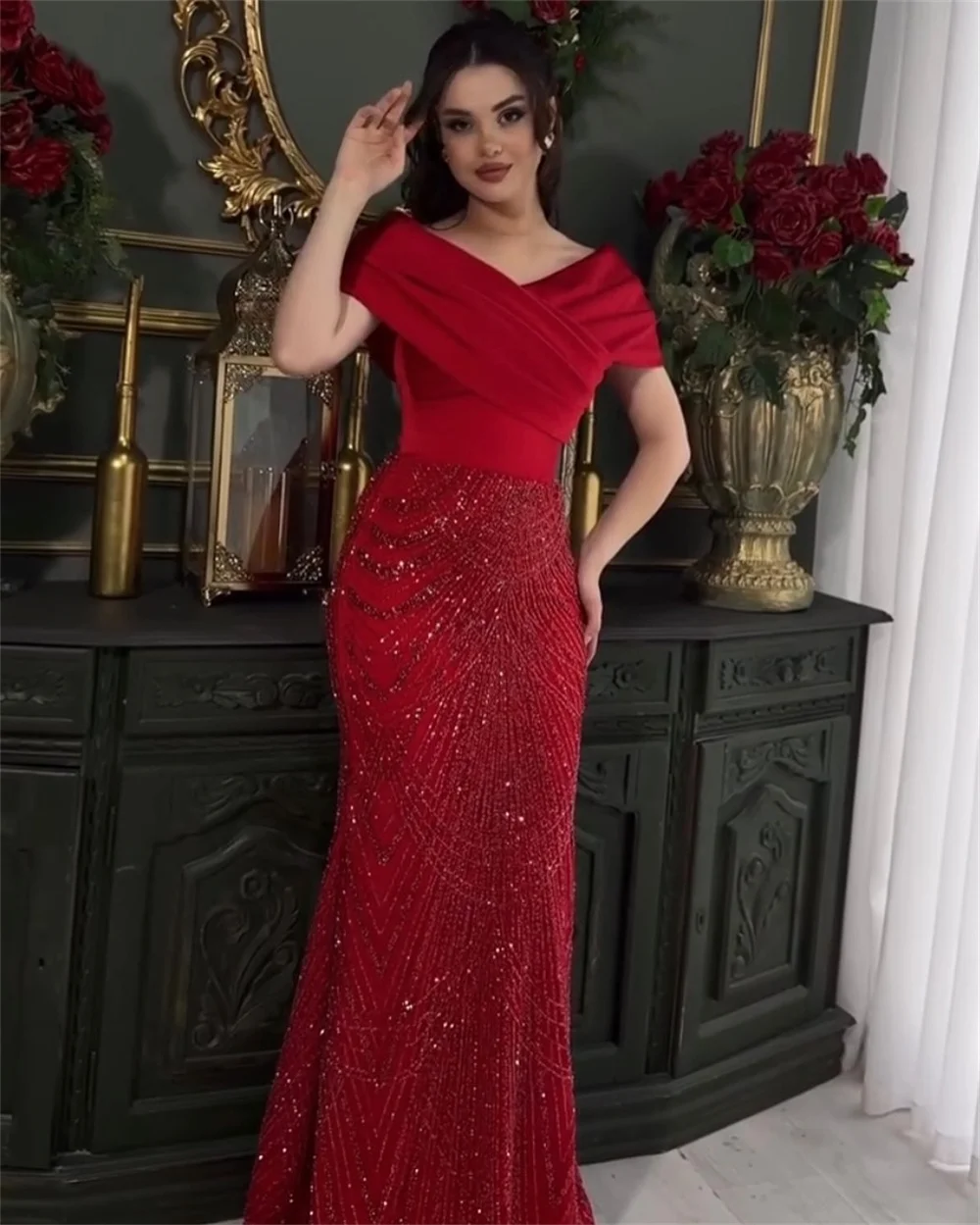 Contessa Dubai customized Red Mermaid Prom Dresses Beaded Off the Shoulde vestidos de noche Floor-Length Formal Evening 2025 image 2