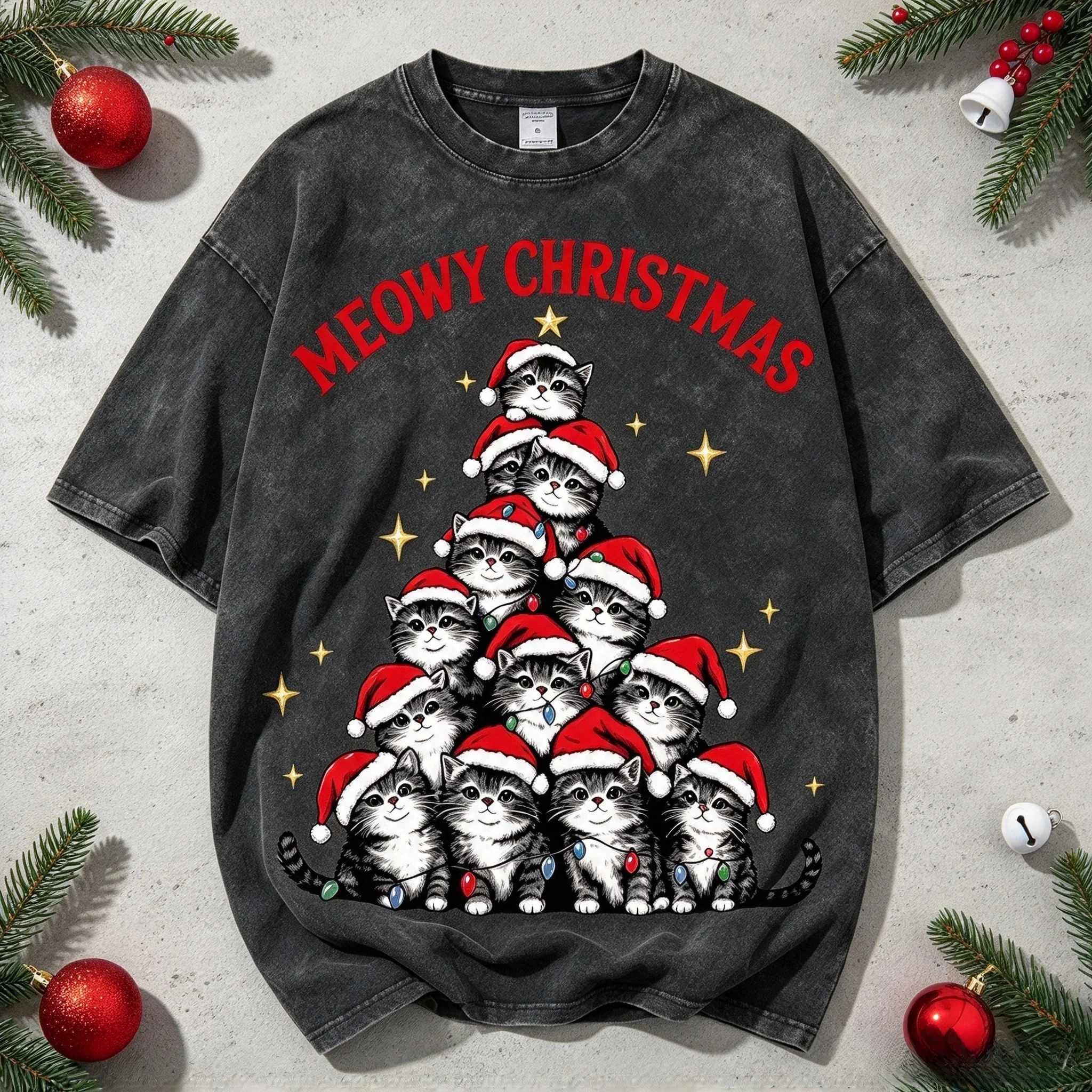 Vintage Washed Meowy Christmas Cat Tree Graphic T Shirt Retro Santa Hat Kitten Stack Xmas Short Sleeve Crewneck Oversized Tee