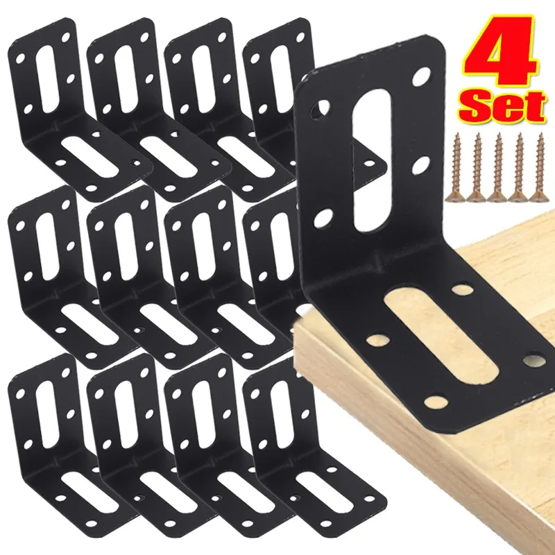 4/1Set Stainless Steel L Shaped Corner Brackets 90 Degree Heavy Duty Corner Brace Black Right Angle Connector For Wood Furniture