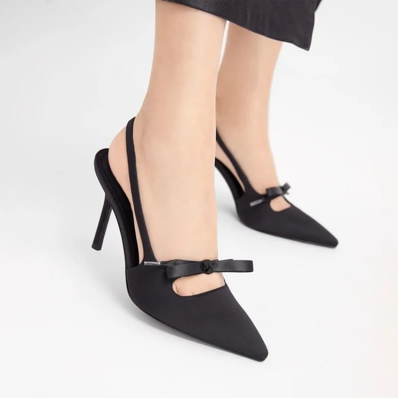 

Women's Fashion Baotou Sandals Autumn New Pointy Head Shallow Mouth Butterfly Knot Line Belt High Heels Summer French Wine Red