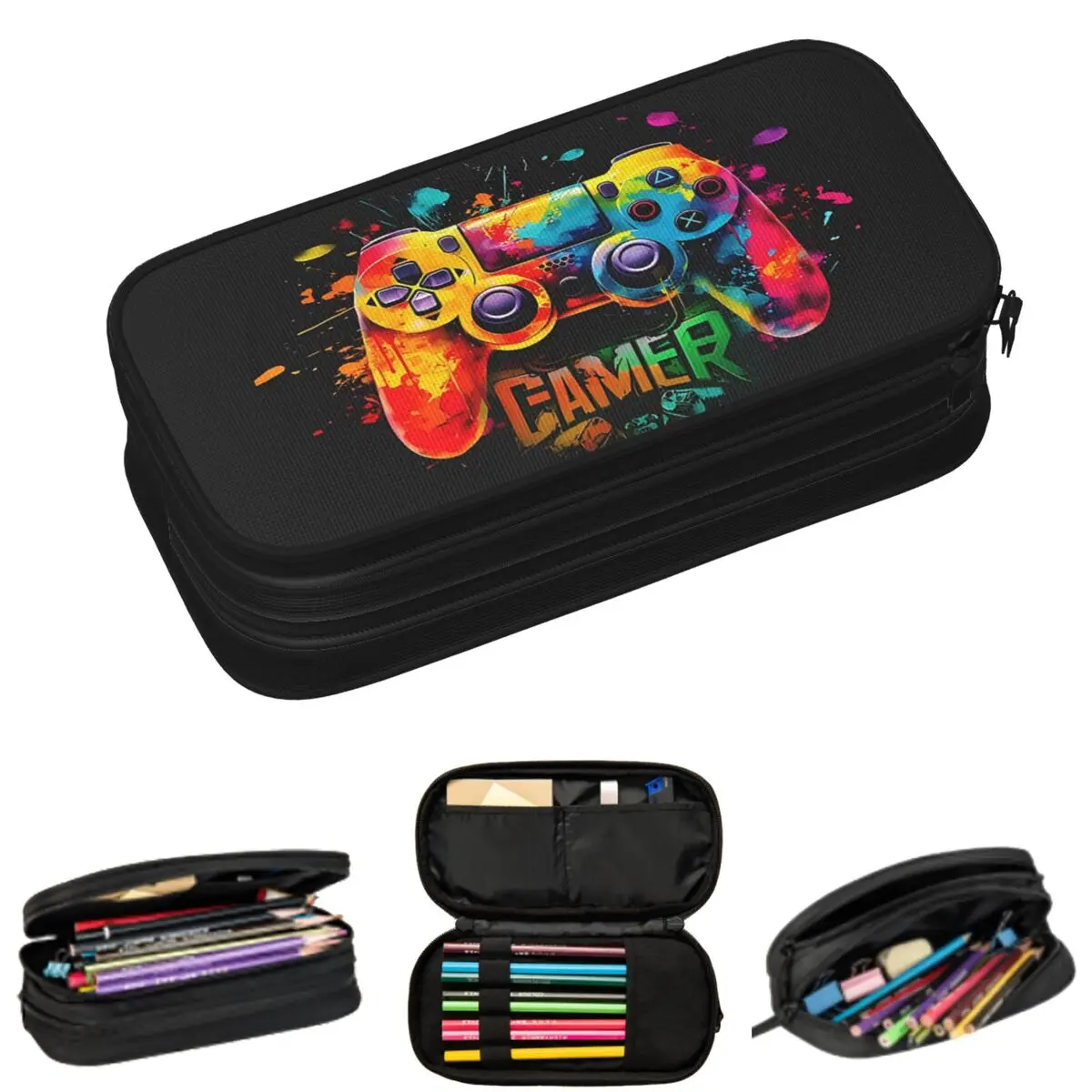 Neon Light Game Controller Gamepad Pencil Cases for Student School Pen Box Pencil Bag Large Storage Pencil Pouch