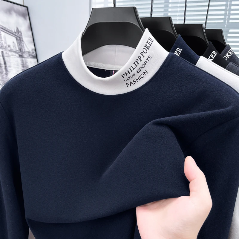 Double-Faced Dralon Man Long-Sleeved T-Shirt Color Blocking Crew Neck Letter Embroidery Autumn Winter Fashion Versatile Menswear