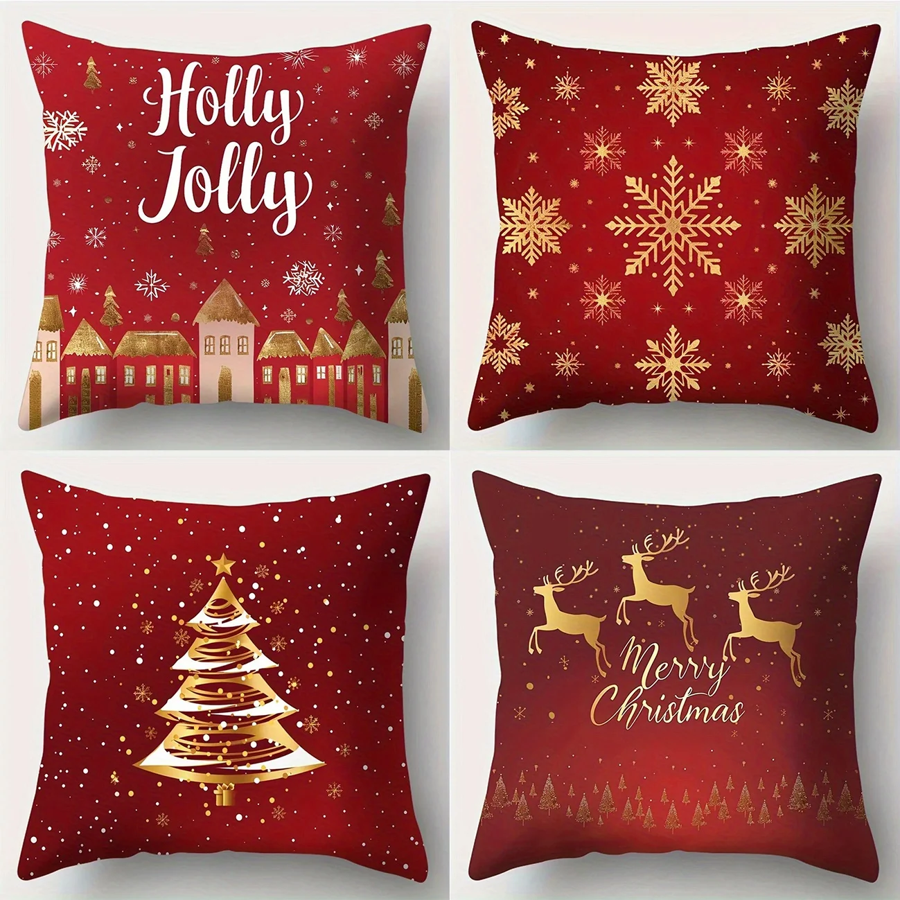 FYZSJWL Housse de Coussin de Noël 4 Pièces, 45x45cm, Imprimé, Décoration de Noël, Intérieurs et Extérieurs, Rouge, 45 x 45 cm