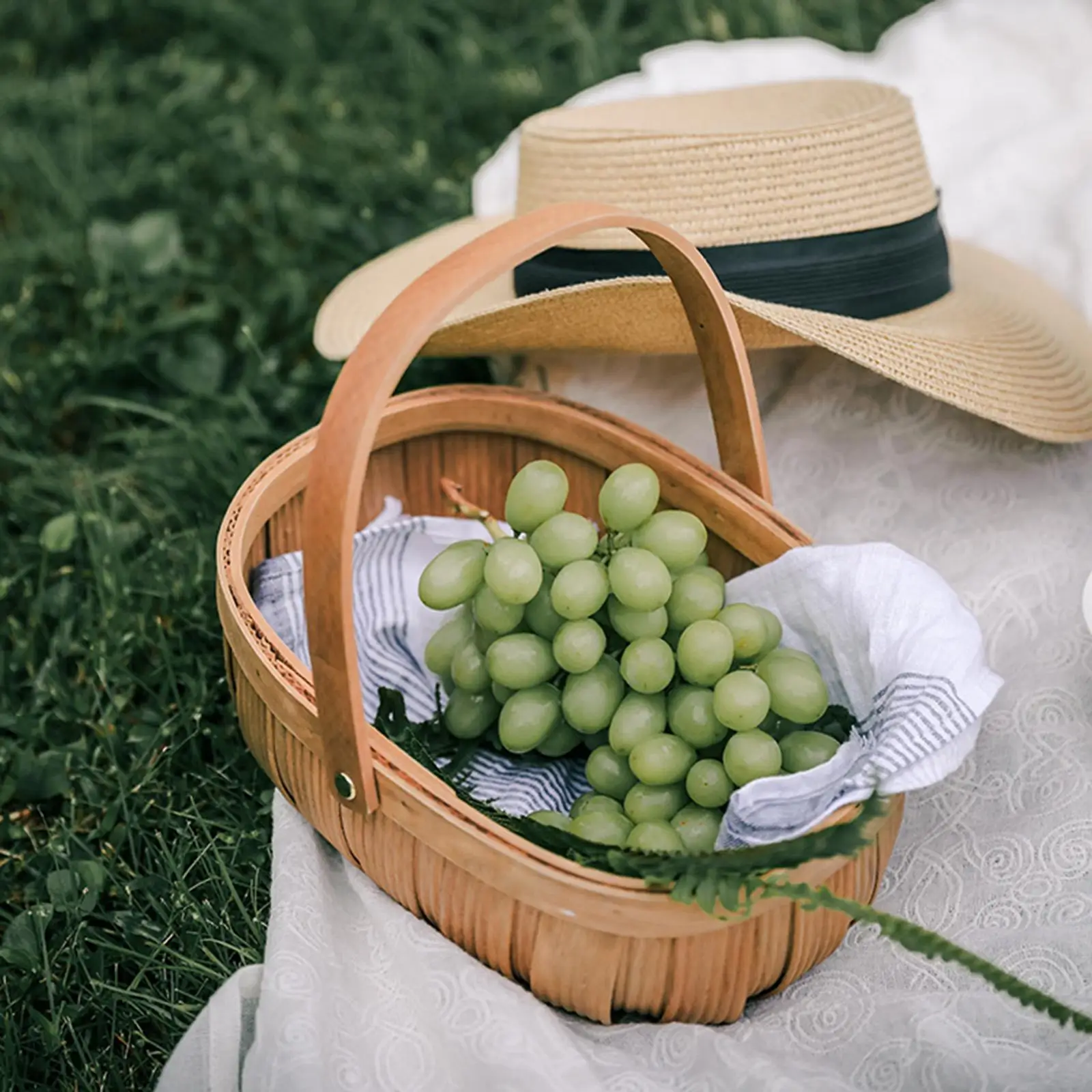 Wooden Wicker Woven Basket with Handle Fruit Veggie Storage Tray Farmhouse Decor for Picnic Table