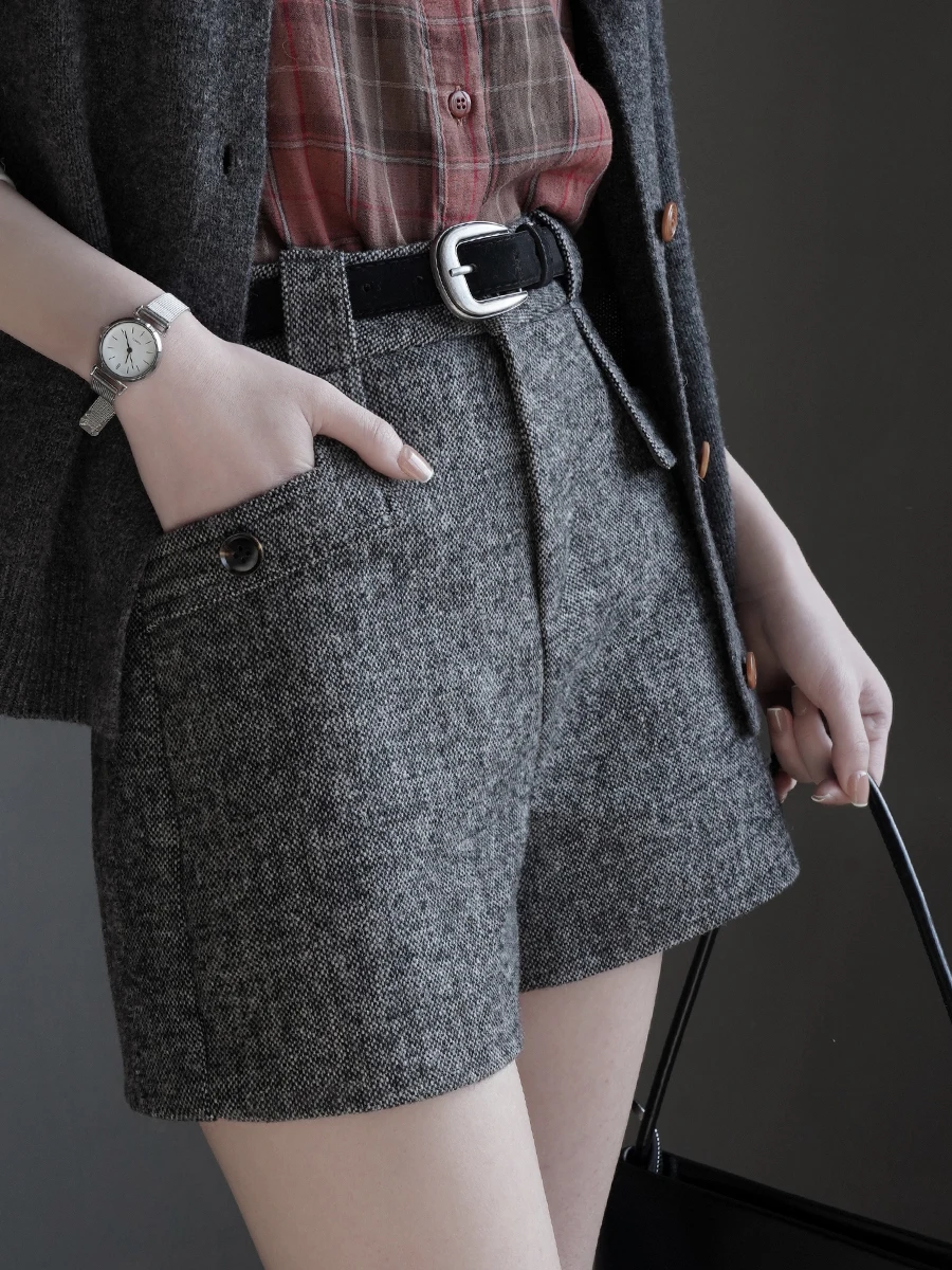

Warmo High Waist A-Line Wide Leg Woolen Short Pants Women's Casual Trousers Autumn Winter New Style Small Size Boot Pants