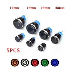 Black Metal Push Button Switch 12/16/19/22mm Start Stop On Off Momentary Led Light Power Switch 5V 12V 24V Red blue white 5PCS