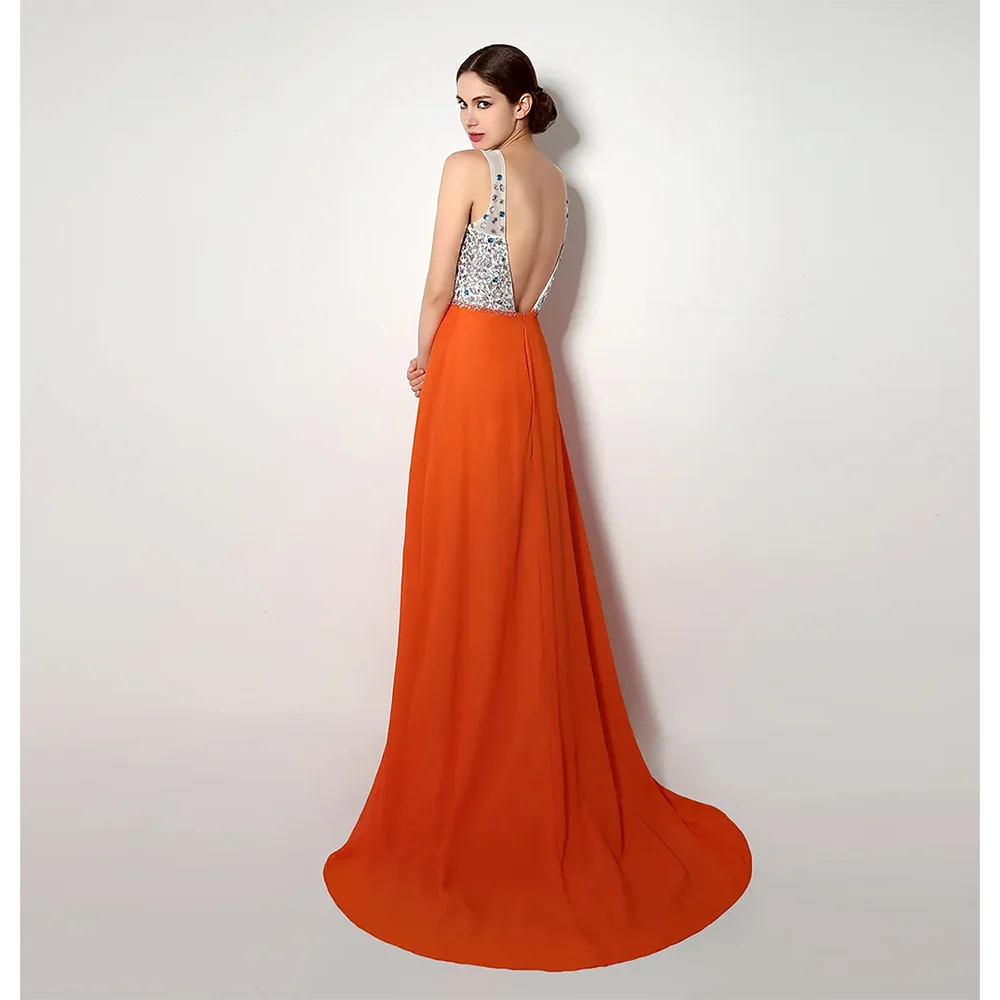 2024 V-Neck evening gowns Side Split Crystals Backless Evening Gowns In Stock Orange Designer Prom Dresses