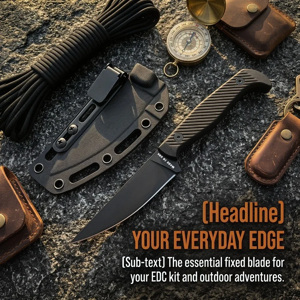 Outdoor Camping Hiking Fixed Blade Knife, Black Coated Blade, Anti-Slip Nylon Fiber Handle, Kydex Sheath with Belt Clip