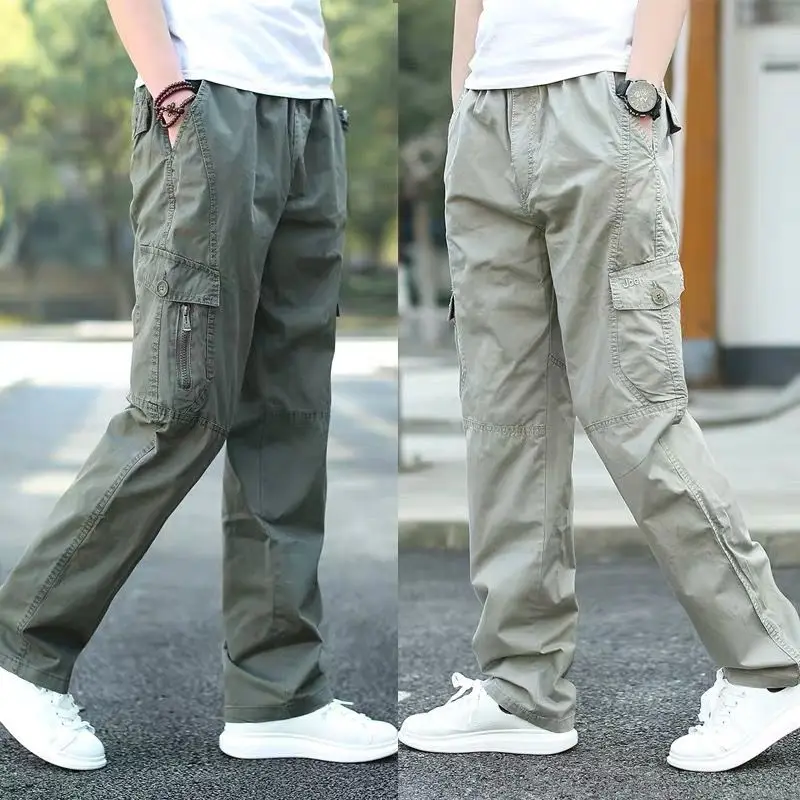 

Pure Cotton Casual Full Pants Men Large Size Cargo Pants Loose Pockets Motion Solid Color Youth Elastic Waist Straight Trousers