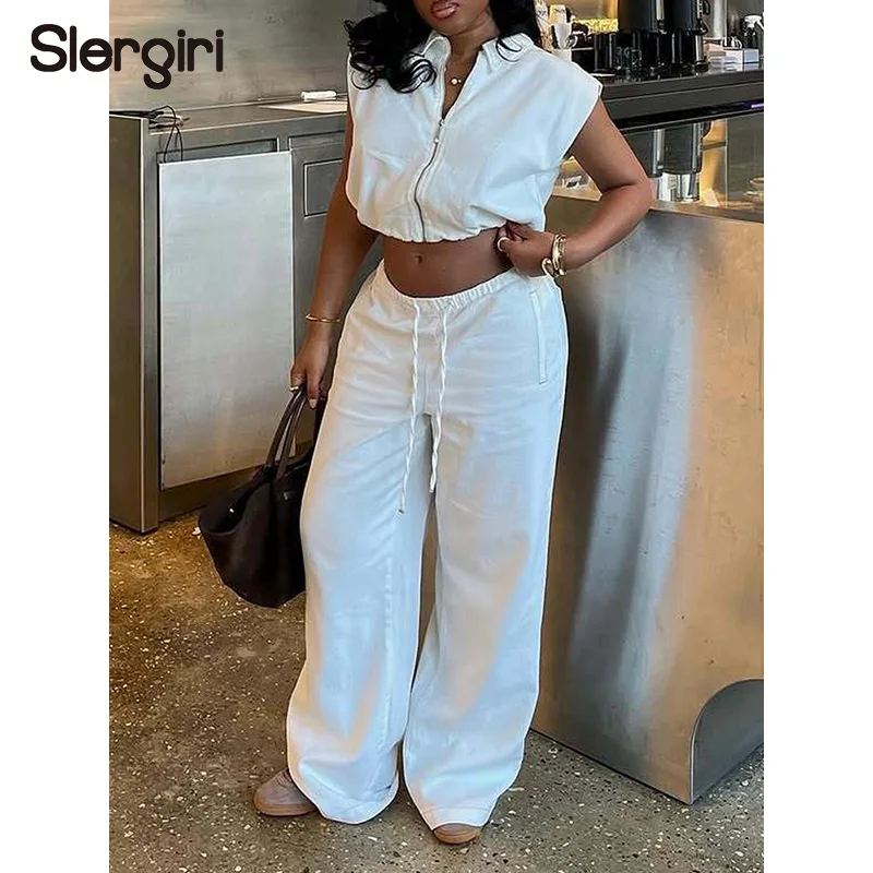 Slergiri Women's 2 Piece Set White Sleeveless Zipper Up Crop Top + Drawstring Wide Leg Pants 2026 Summer Casual Two Piece Outfit