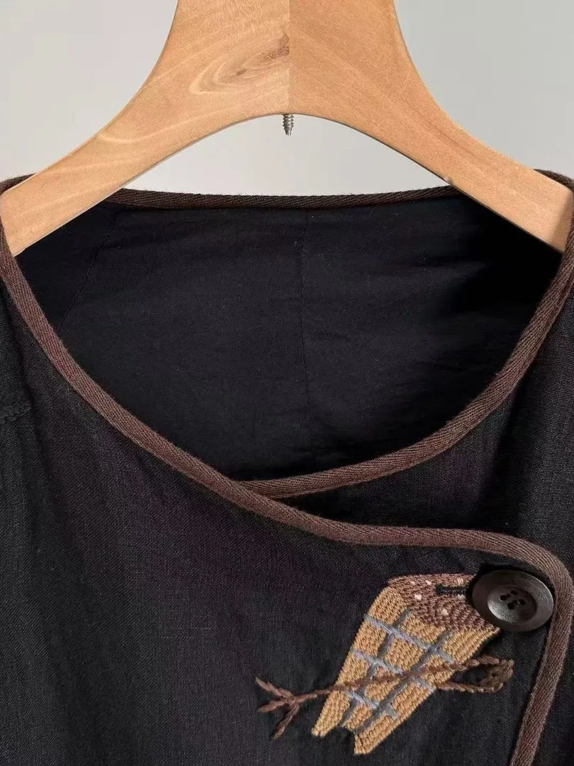 الرجعية المطرزة الكتان ort Jaet المرأة فضفاضة التخسيس تصميم زر واحد القطن الكتان أعلى الخريف جديد Sle تخفيف Sle #3