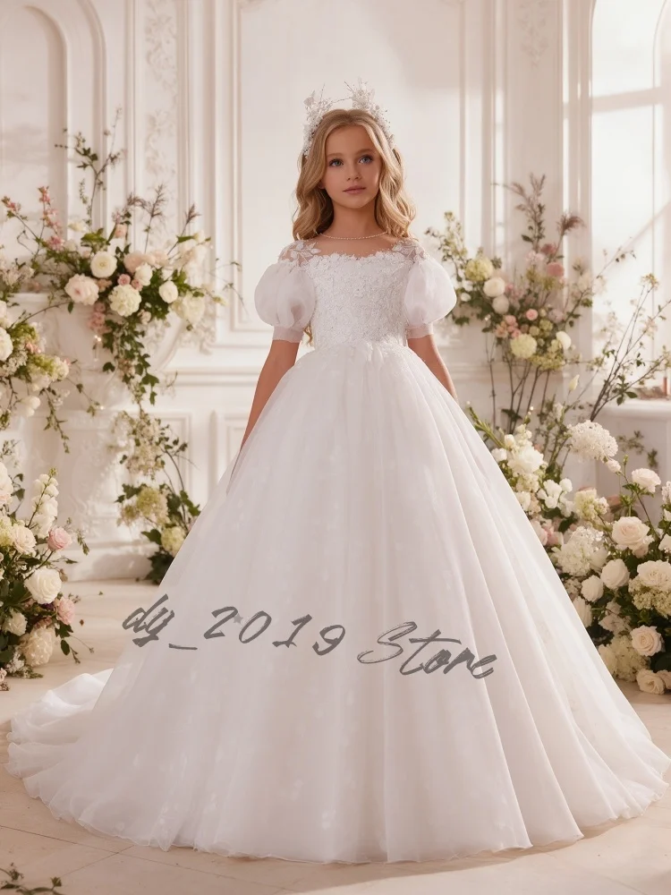 Elegant White Lace Tulle Flower Girl Dress Puff Short Sleeve Sheer Neck & Embroidered Long Train for Wedding & First Communion