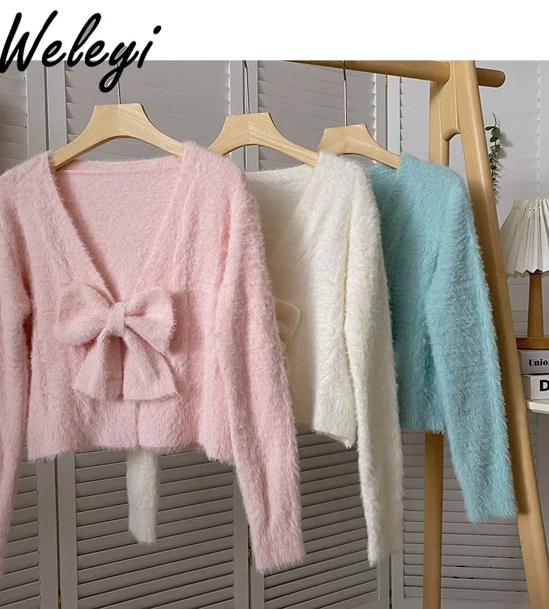 Sweet Girly Pink Imitation Mink Fleece Sweaters Women's Autumn and Winter Korean Style Loose Long Sleeve Knitted Sweater Top