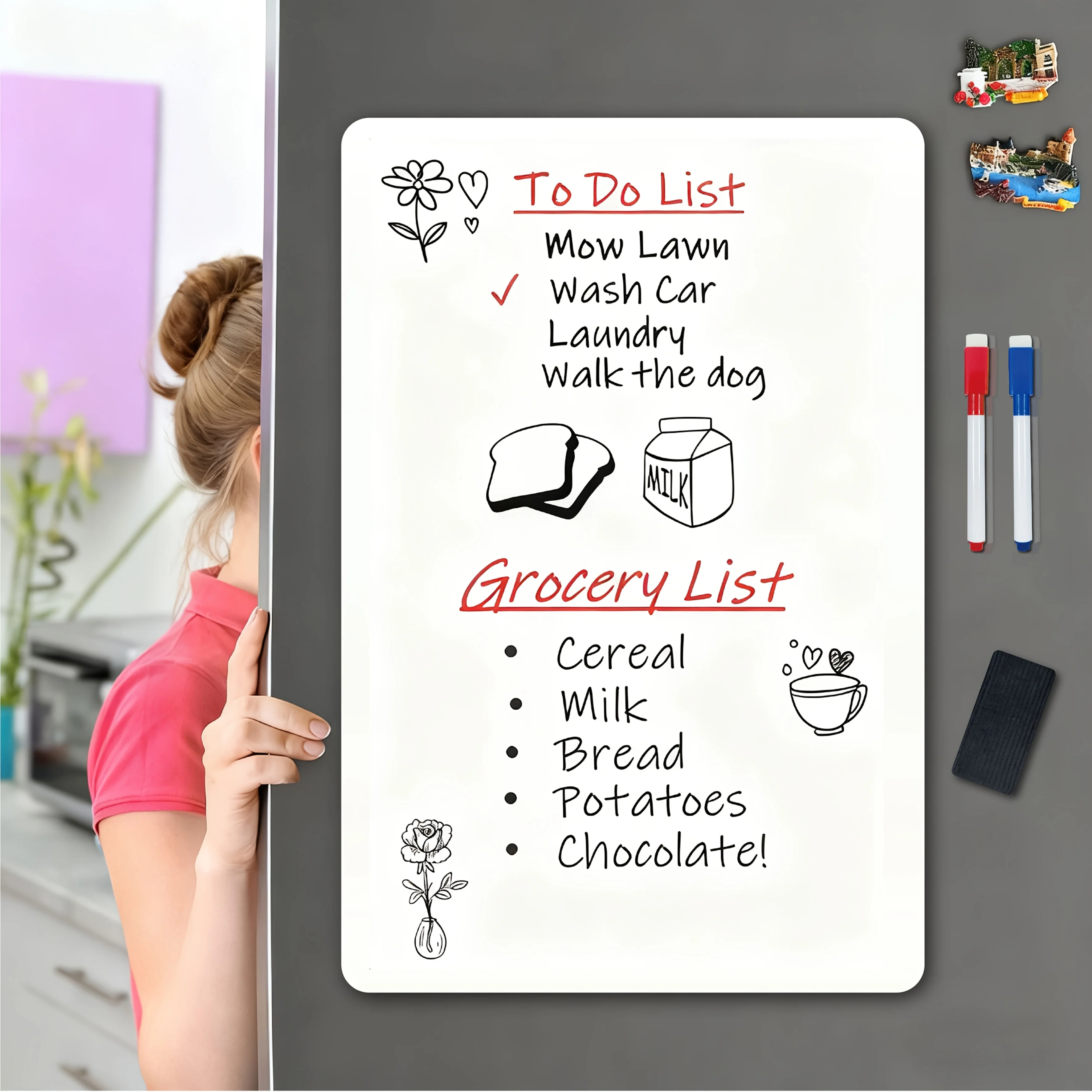 Pizarra magnética borrable en blanco, pizarra blanca para refrigerador con varios tamaños a elegir, lista de compras de cocina casera