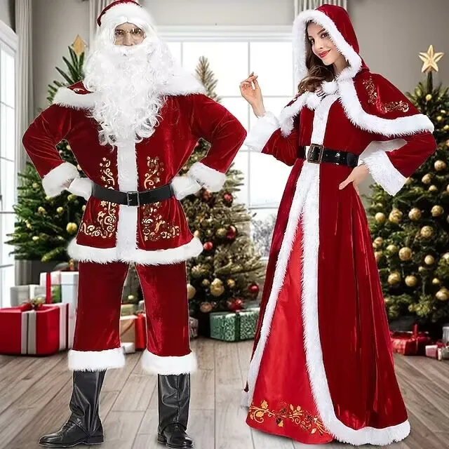 

Christmas Santa Couple Red Set Women's Christmas Dress with Hood Cape Men's Christmas Top Pant Hat Beard Multi-piece