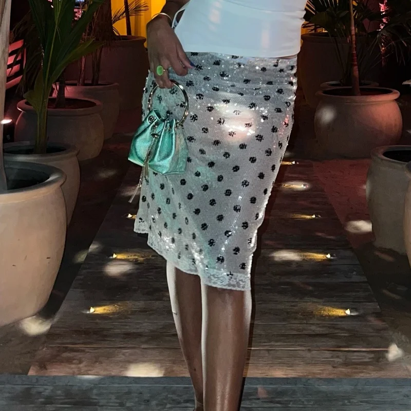 Femmes paillettes à pois jupe transparente maille Sexy voir à travers les jupes mi-longues été plage couvrir jupes