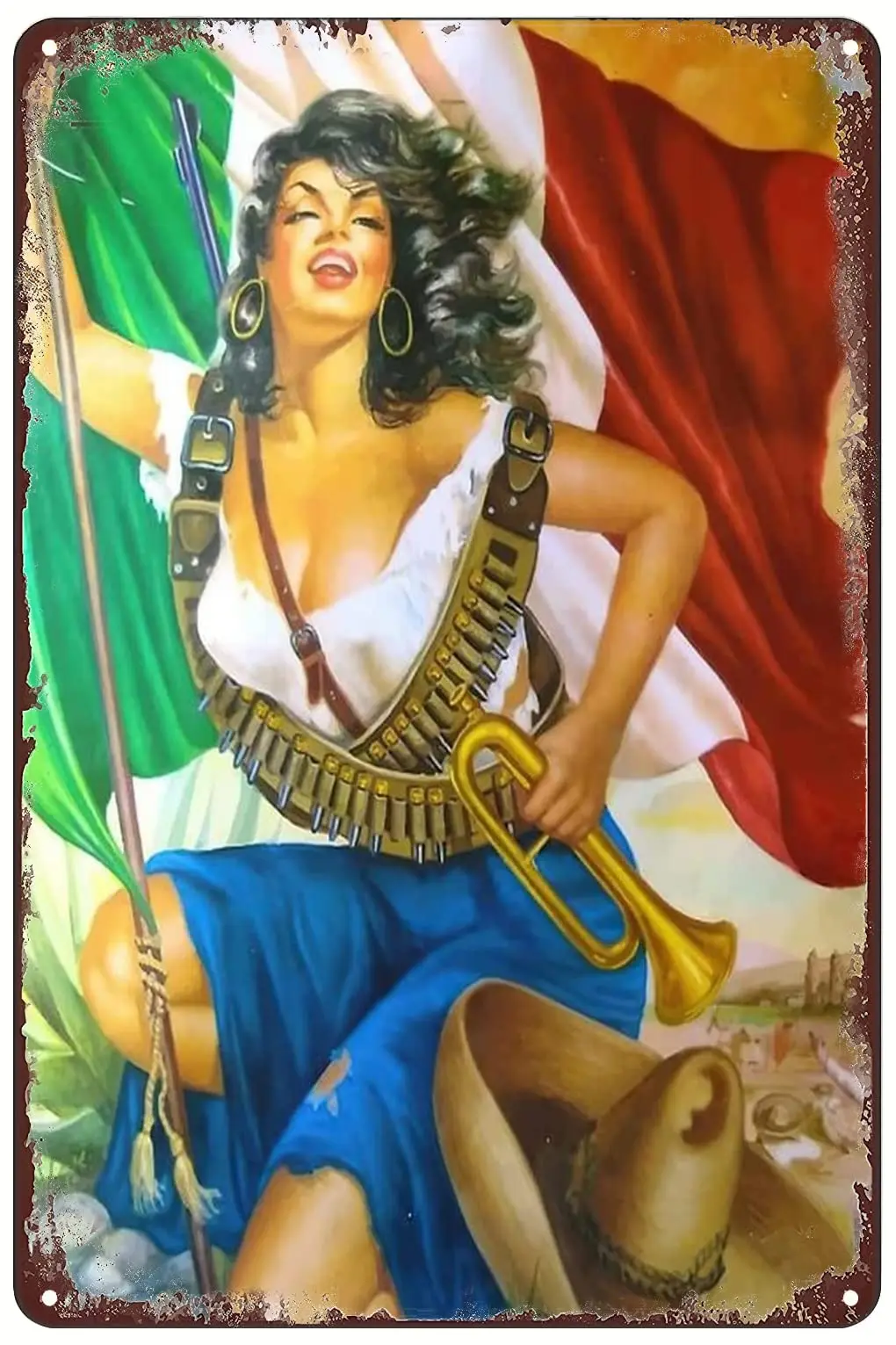 Vintage Metal Signs - 1950s La Adelita Mexican Revolution Tin Sign Woman with Bullets Horn Poster Wall Art Decor Plaque for Home