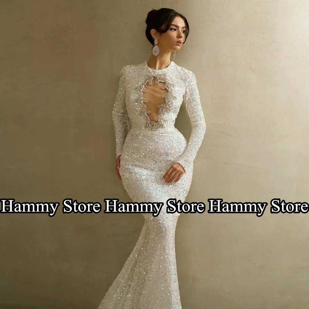 Shinny Sequined Mermaid Evening Dress New Arrival Beading Round Neck Full Sleeves Court Train Dubai Party Dresses Prom Gown