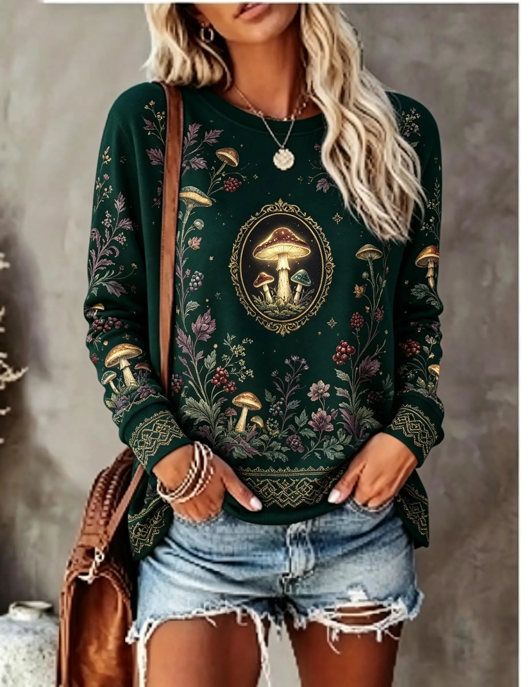 Women Crew Neck Long Sleeve T‑Shirt Vintage Mushroom Forest Floral Leaf Star Cottagecore Full‑print Casual Loose Pullover Tops