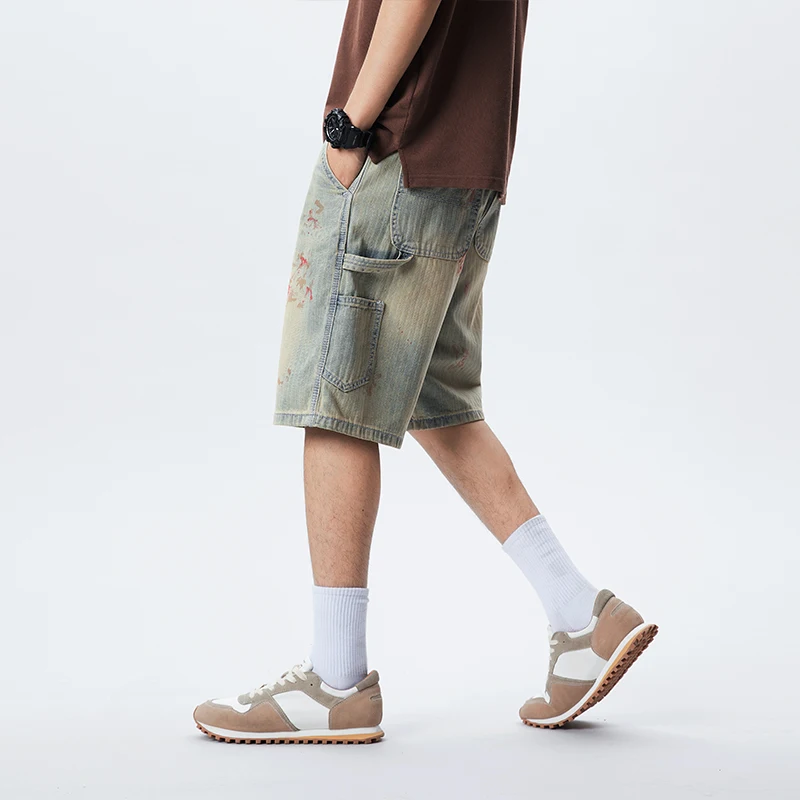 

XY9935 New trendy casual washed American retro denim shorts men's splashed ink summer thin five quarter pants