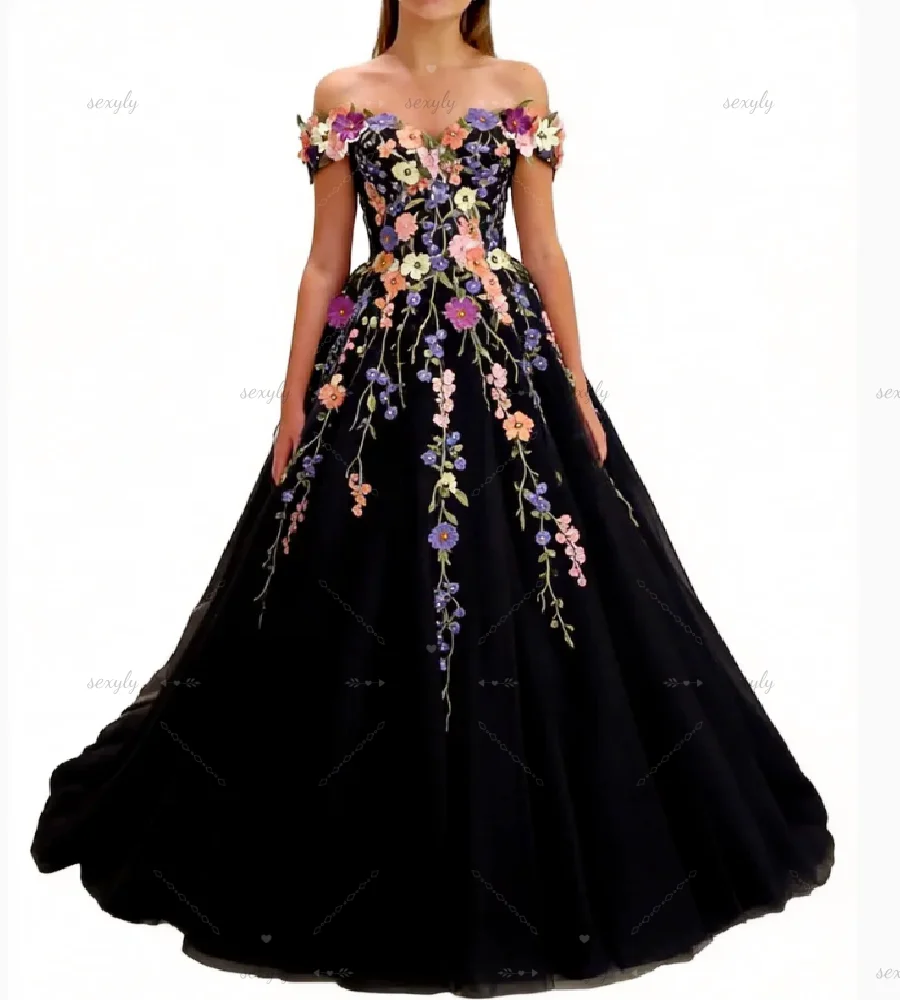 Vintage Black Gothic Wedding Dress With Colorful Floral Off Shoulder A Line Tulle Civil Bridal Gowns Courthouse Celtic Reception