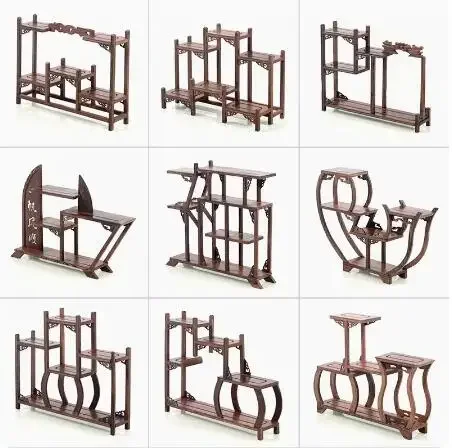 Small Antique Frame Solid Wood Chinese Multi-treasure Pavilion Purple Clay Pot Tea Set Shelf Rack Display Frame