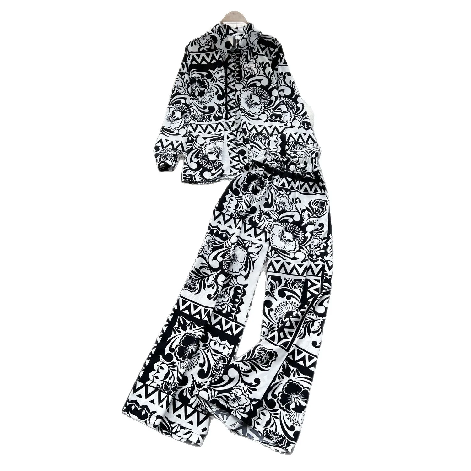 

LISM winter two piece set Women's loose and versatile long sleeved printed shirt+high waist casual wide leg pants set outfit