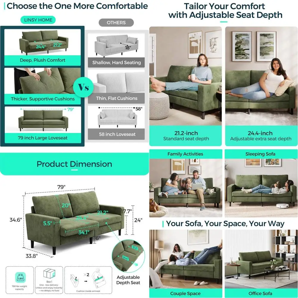 

Диван-софа с глубоким сиденьем из вельвета для небольших жилых помещений, регулируемая глубина, каркас из массива дерева, съемный чехол, 79 зеленый