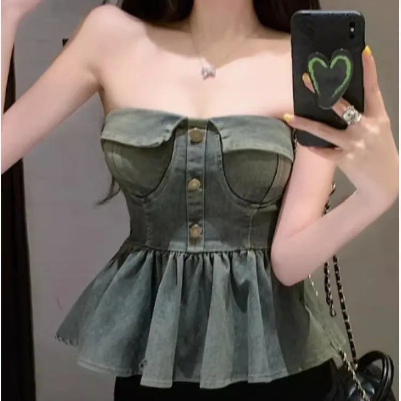 

Vintage Denim Tank Women Women Chain Off Shoulder Patchwork Ruffles Camis Backless Ruched Streetwear Hotsweet 2024 Summer