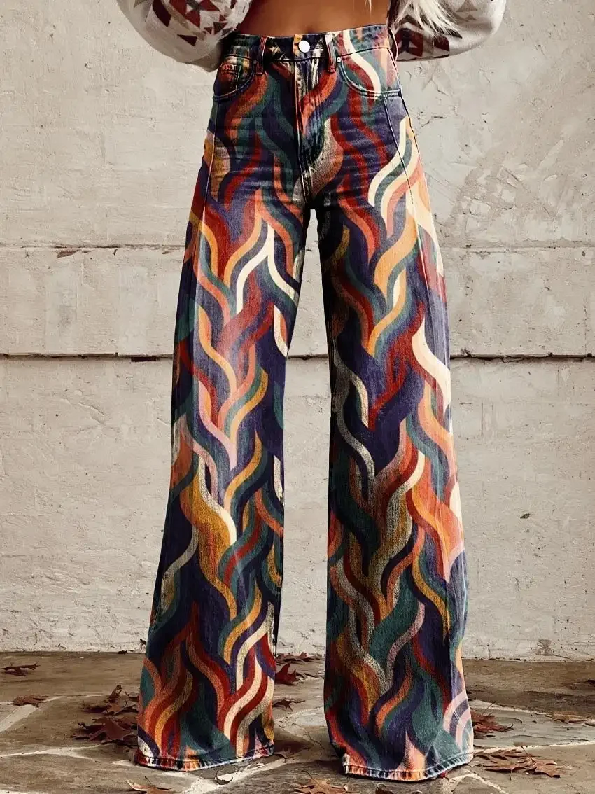 Women\'s Printed Colored Denim Wide Leg Pants Casual Fashion Comfortable Mid-Length Women\'s Pants Striped Ladies Wide Leg Pants