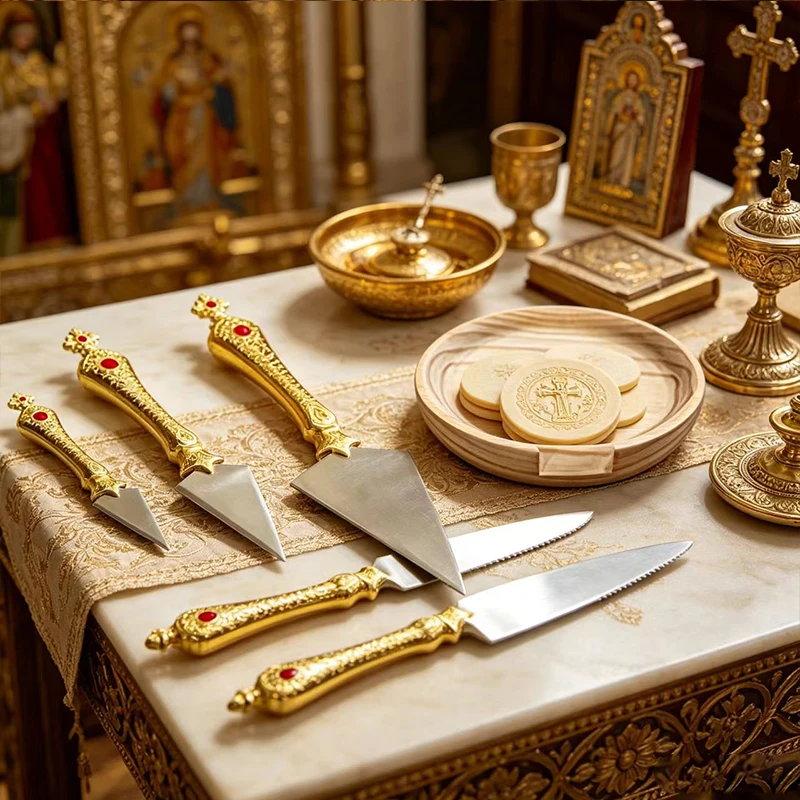 

Liturgical Spear Set 3 PCS Holy Lance with 18cm Wooden Plate Orthodox Church Supplies Gold Metal Wood Handle Prosphora Copy Tool