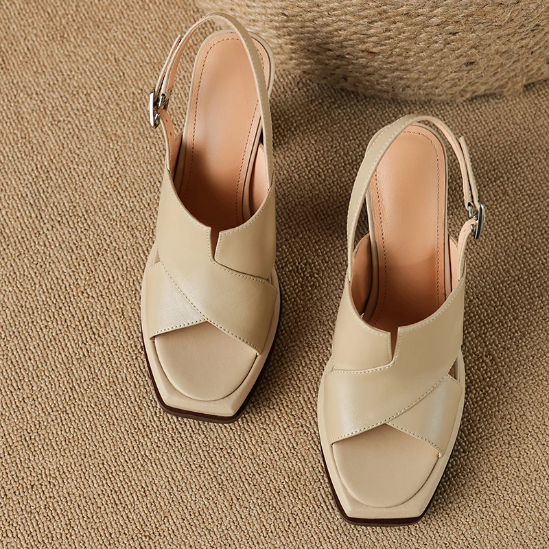 【JOCHEBED HU】Handmade Genuine Leather Summer One-button Thick Open Toe Sexy Professional High Heels Temperament Female Sandals