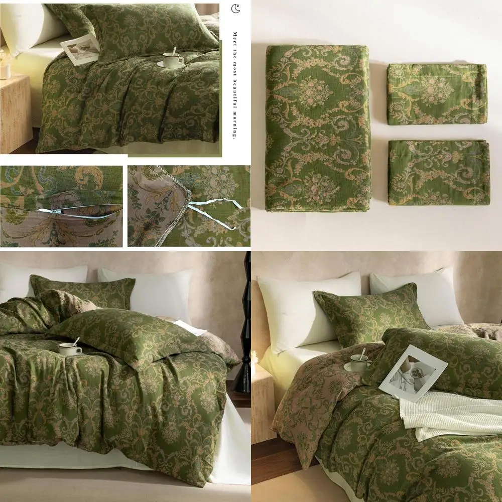 

Комплект пододеяльников King Size из льняного хлопка с текстурой, оливково-зеленый, с двусторонним принтом-медальоном, на молнии - 104x90