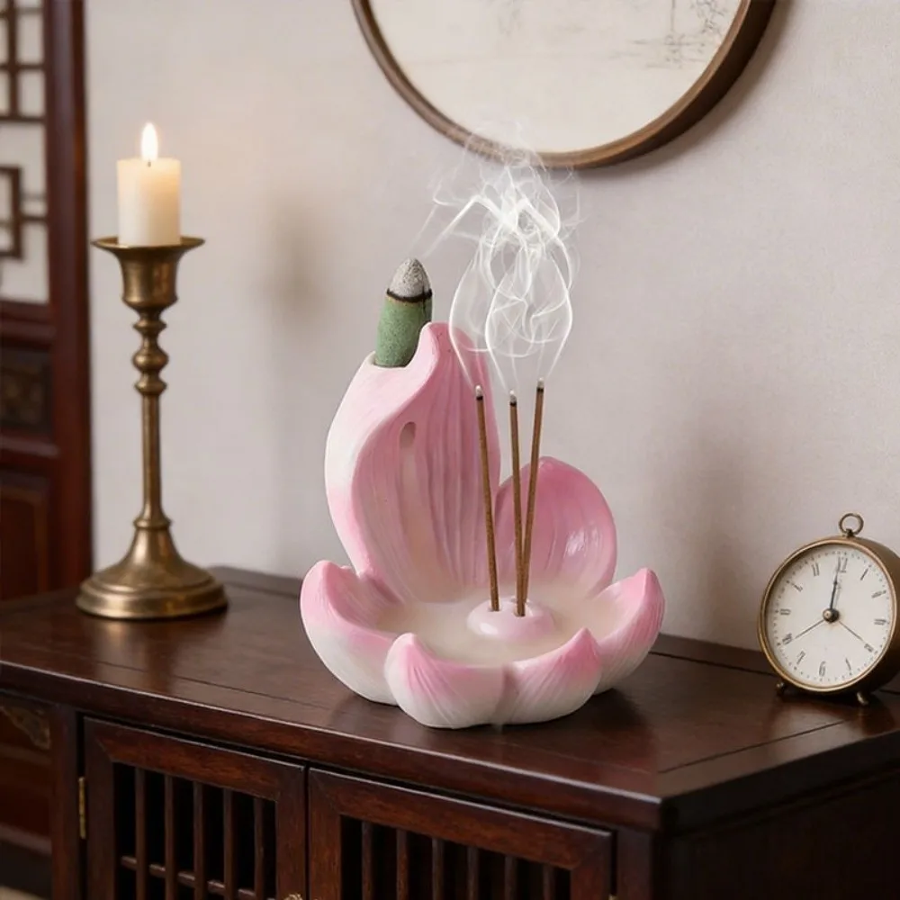 Zen Chinese Style Lotus Incense Burner 3 Hole Sleep Aid Lotus Tabletop Incense Base Lotus Ornament Resin Incense Stick Burner
