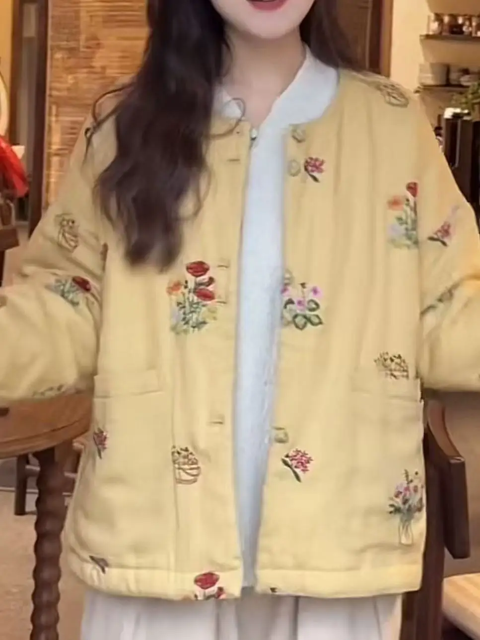 

Women's Embroidered Cotton Jaet Thiened Warm Linen Insert Flower Matching All-Match Long Sve Regular Length Coat