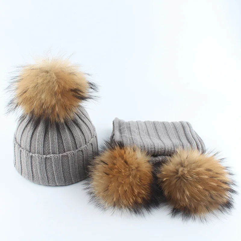 Conjunto de gorro y bufanda de punto informal para niño y niña, gorro cálido de invierno, esquí, de piel Real Pompón, gorros para niño