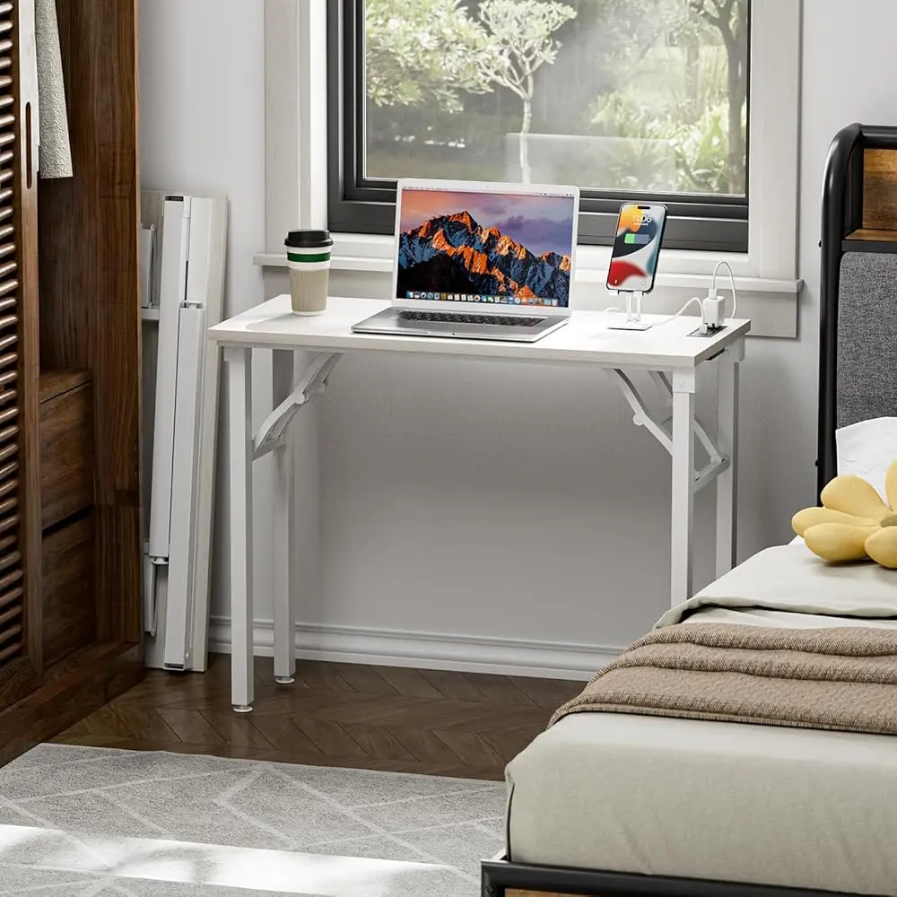 Small Computer Desk Folding Table - No Assembly, Compact 35.8"" Foldable Desk With Power Outlets & Usb Charging Port, Portable
