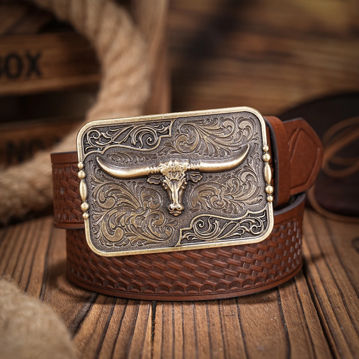 Western Denim PU Belt - Men's decorative printed engraved vintage belt