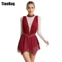 Womens Skating Dance Dress Lyrical Dress Sparkly Rhinestones Figure Sheer Mesh Long Sleeve Mock Neck Irregular Hem