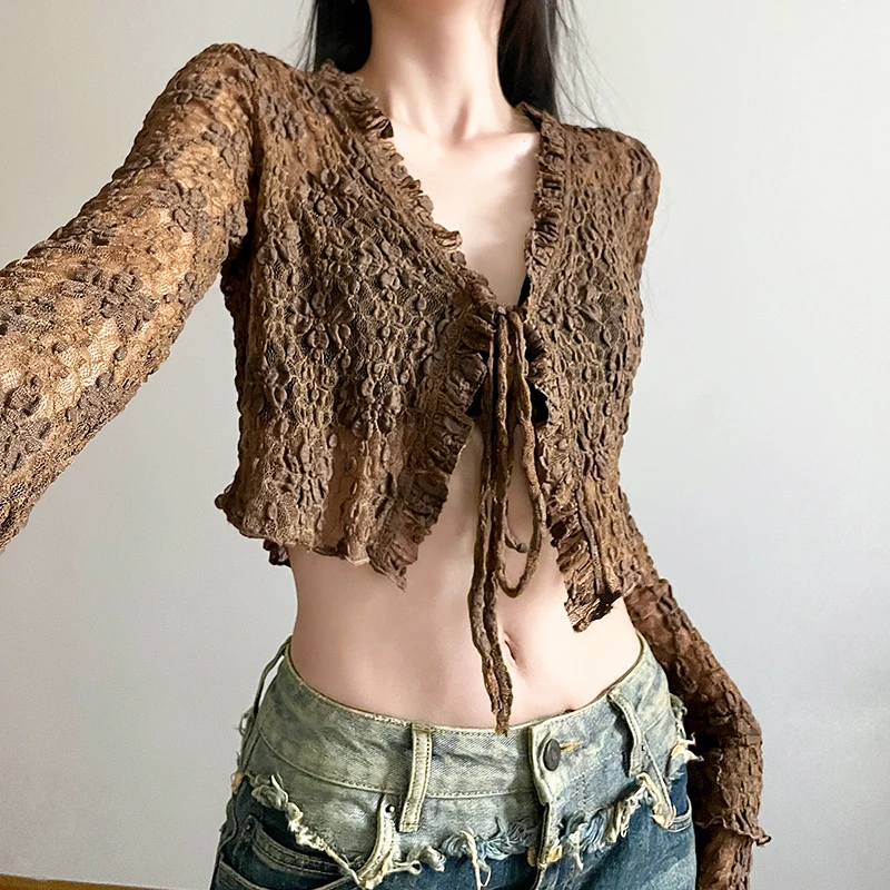 CIBBAR Retro See Through Lace-up Cardigan Shirt Grunge 2000s Ruched Patchwork Flared Long Sleeve Crop Tops Women Y2k Streetwear