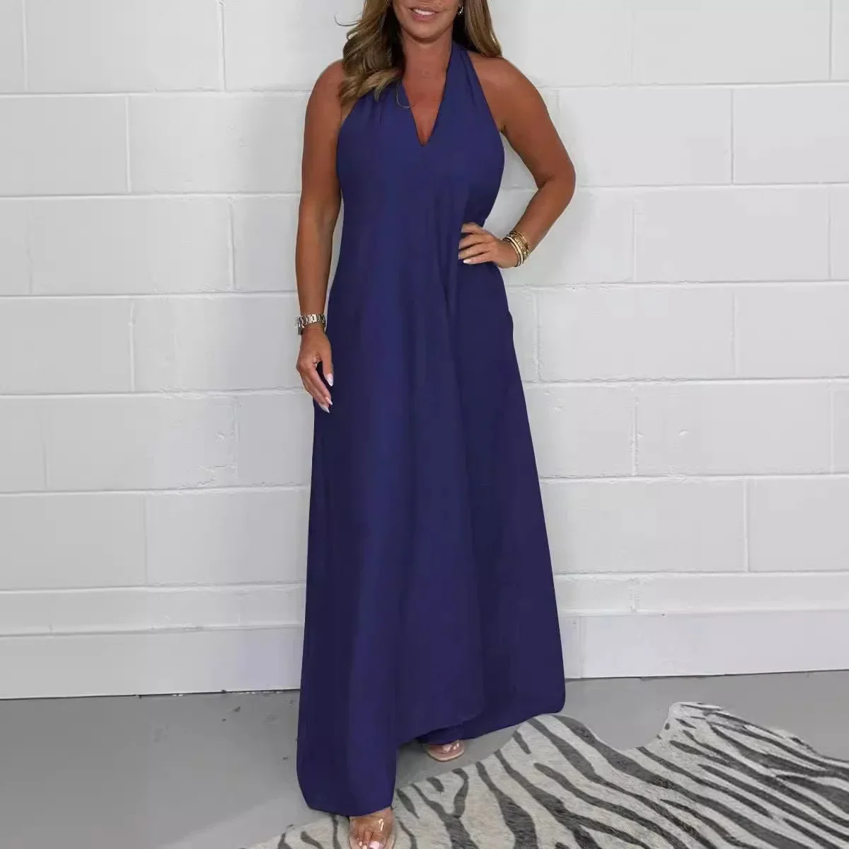 Damska sukienka na wiosnę i lato Spódnica bez rękawów z dekoltem w szpic w jednolitym kolorze Elegancka moda codzienna Wygodna regularna standardowa sukienka