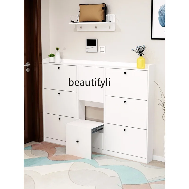 

CXH Ultra-Thin Tilting Shoe Cabinet Large Capacity Home Entrance Cabinet with Shoe Changing Stool Shoe Cabinet Home