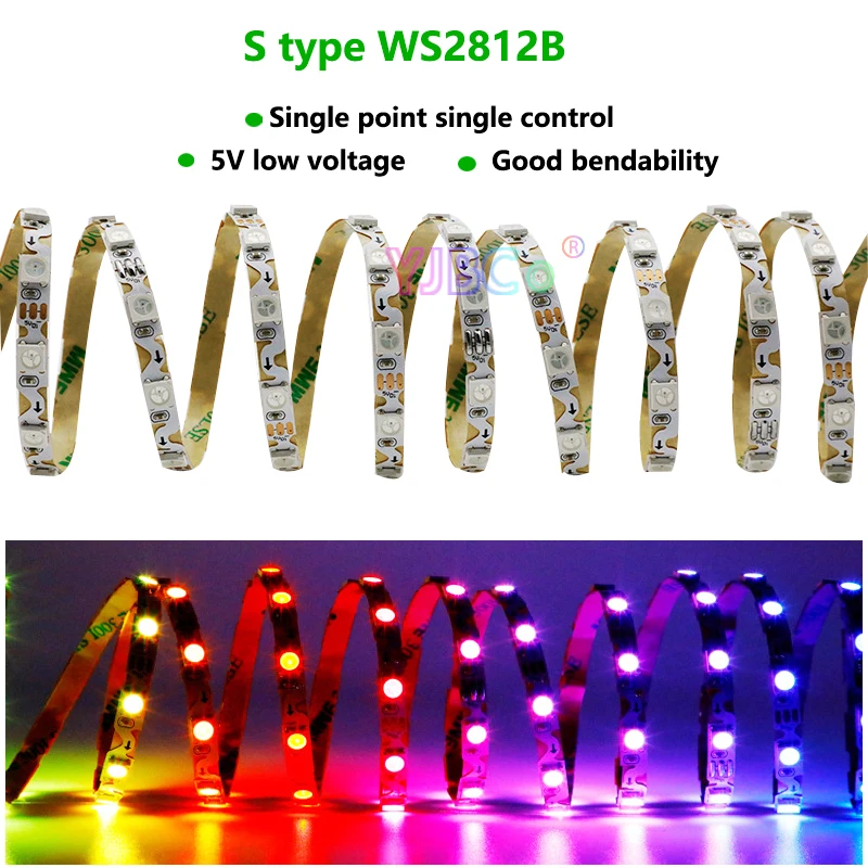 DC 5V S-type WS2812B LED Strip 5m 60Leds/m 6mm SMD 5050 RGB Pixel Individually Addressable bendable flexible LED Light Tape IP20