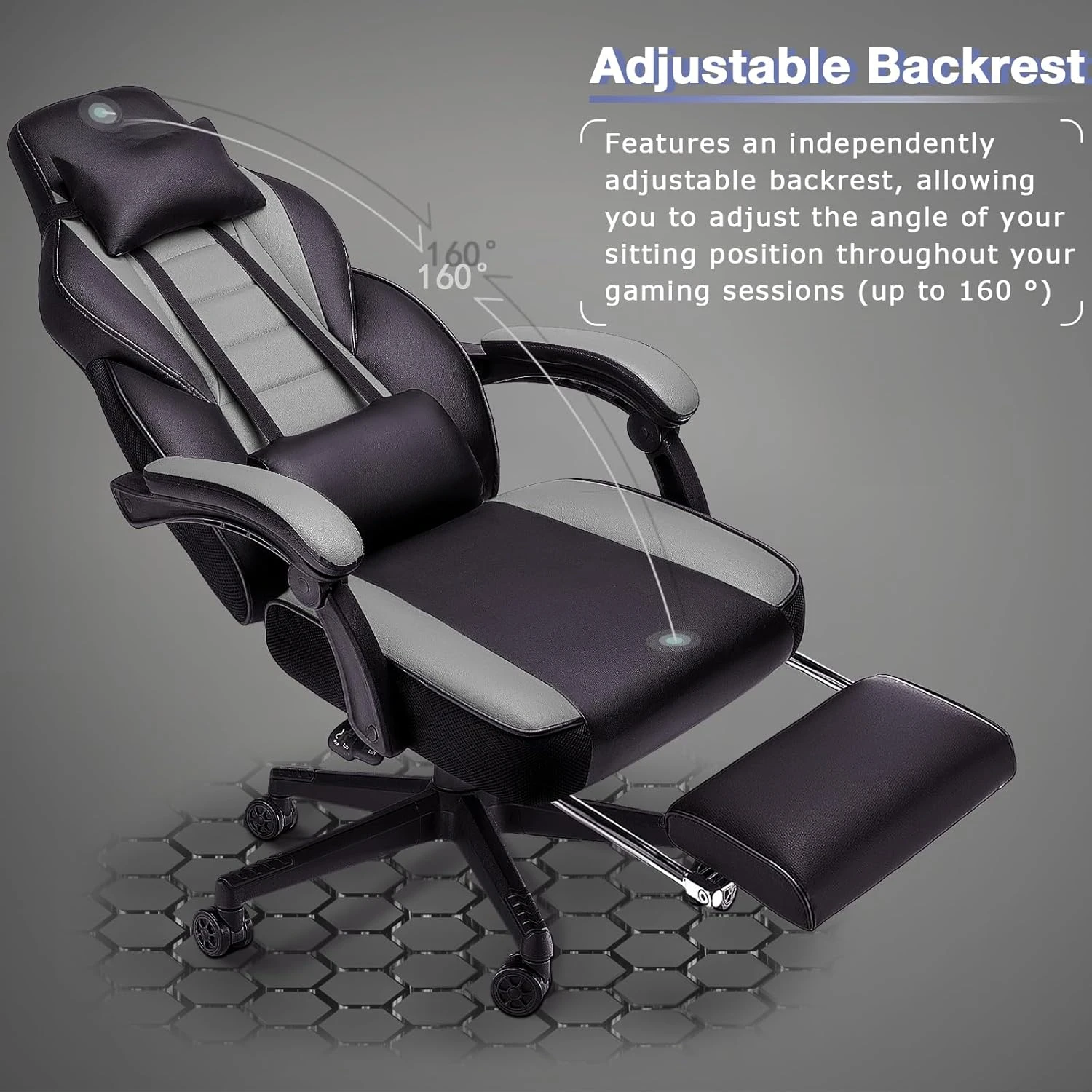 Ergonomically designed adult video game chair, weighing 400 pounds, with headrests and lumbar support