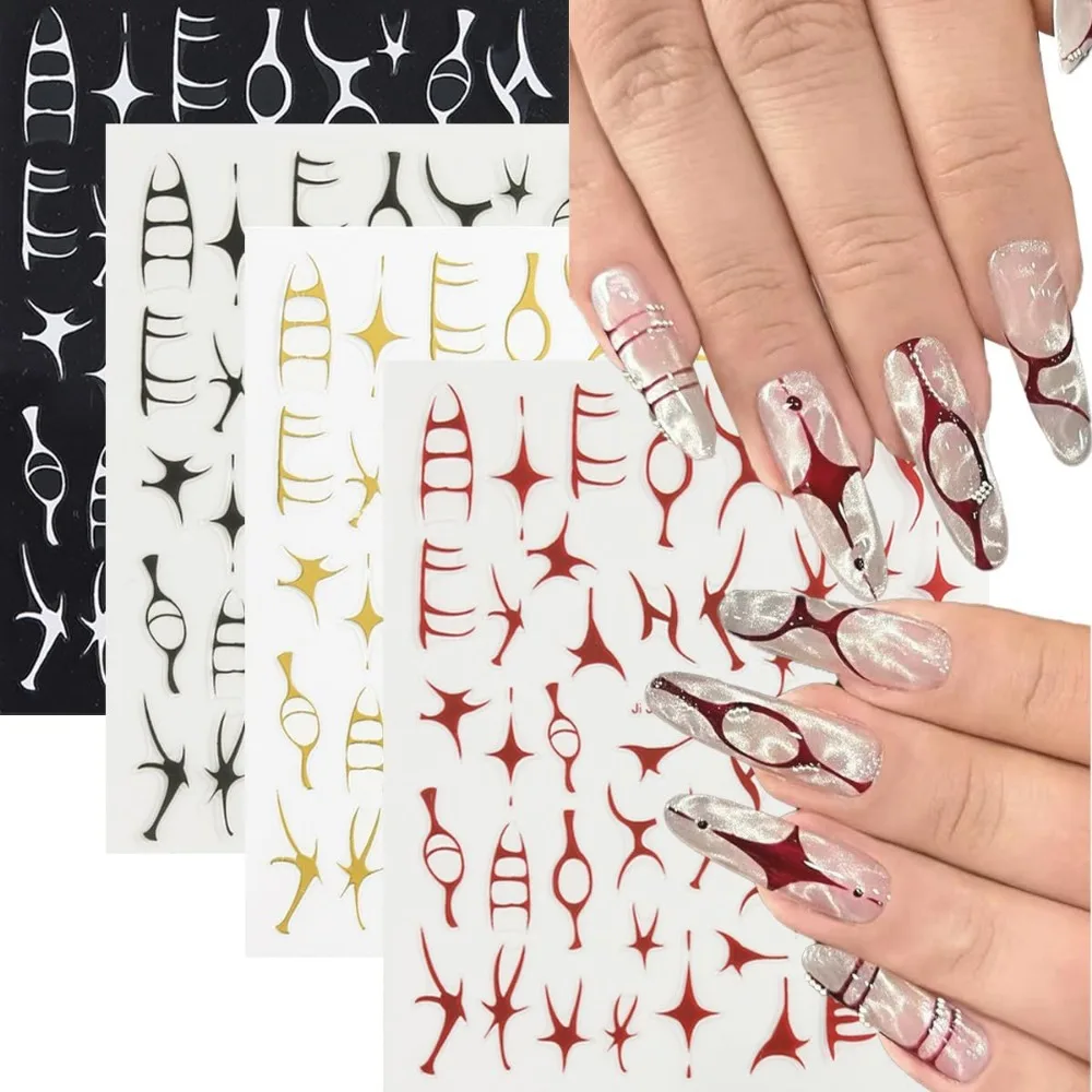 3D Metallic Gold Thorns Curve Stripe Nail Decals, DIY Nail Art Stickers, Black White Retro Punk Style