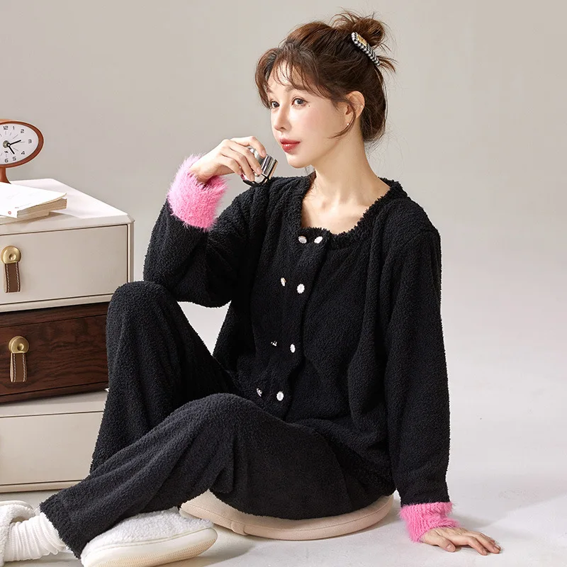 Pigiama da ragazza a mezza pile foderato in pile ispessito girocollo manica cardigan homewear primavera autunno inverno indumenti da notte da donna