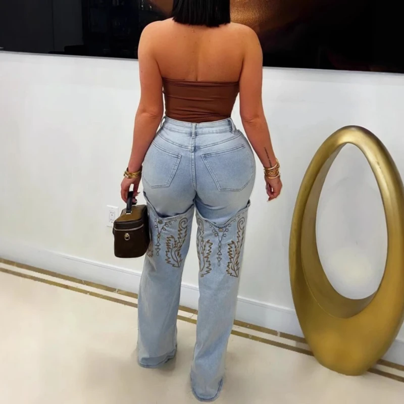 Women Denim Pants Retro Wide Leg Embroidery Jeans Straight Leg Trousers 2025 Fashion Summer Casual Lady Street Long Trousers