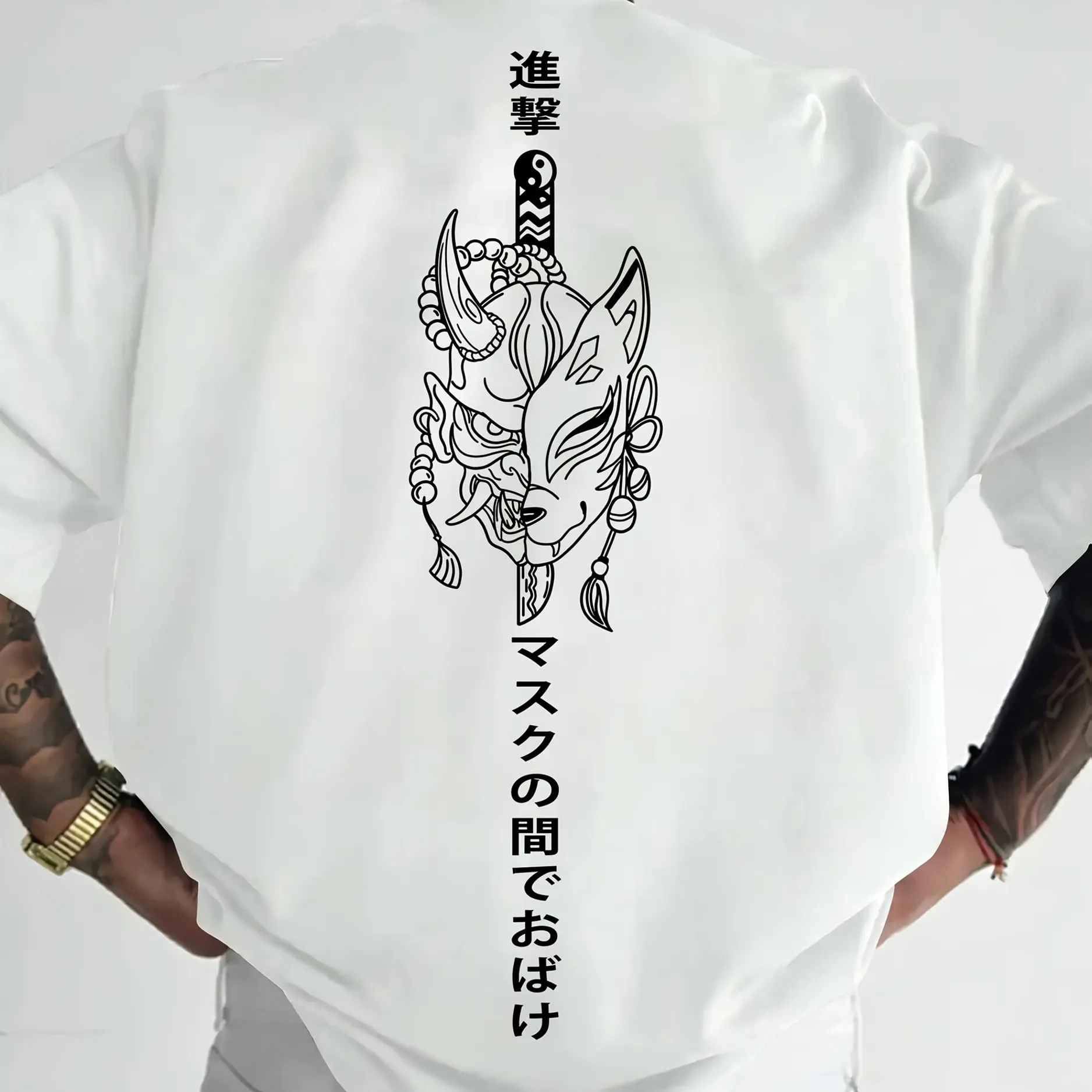Men's Casual Street Japanese Style Mask with Prajna Pattern Printed T-shirt, Men's Y2K Casual Street T-shirt