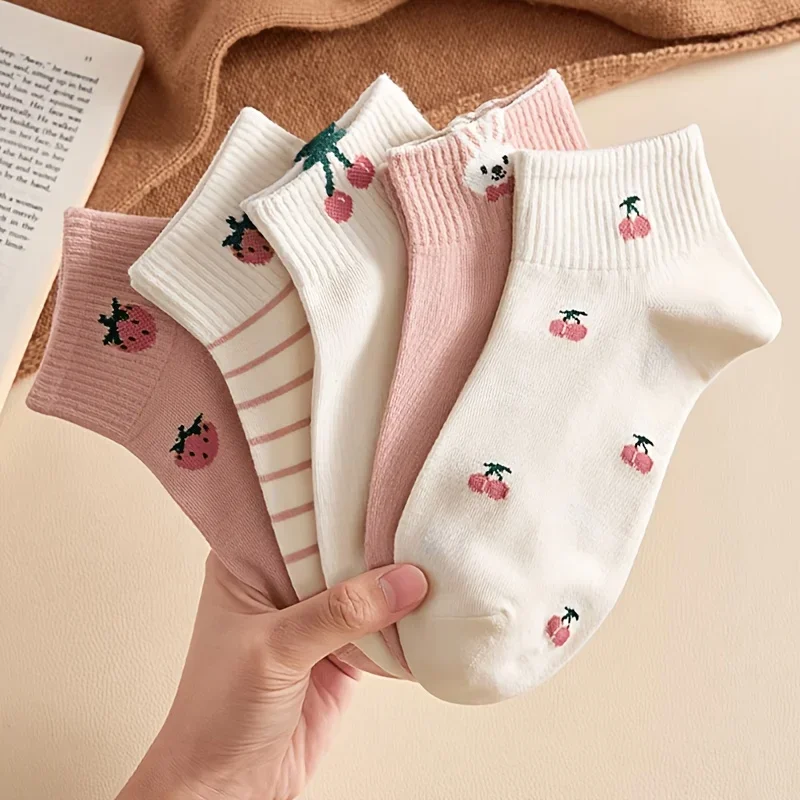 5/10 Paar Damensocken mit niedlichem rosa Kirsch-Erdbeer-Kaninchen-Muster, bequemes, atmungsaktives, lässiges Design, geeignet für alle Jahreszeiten – Detail 3