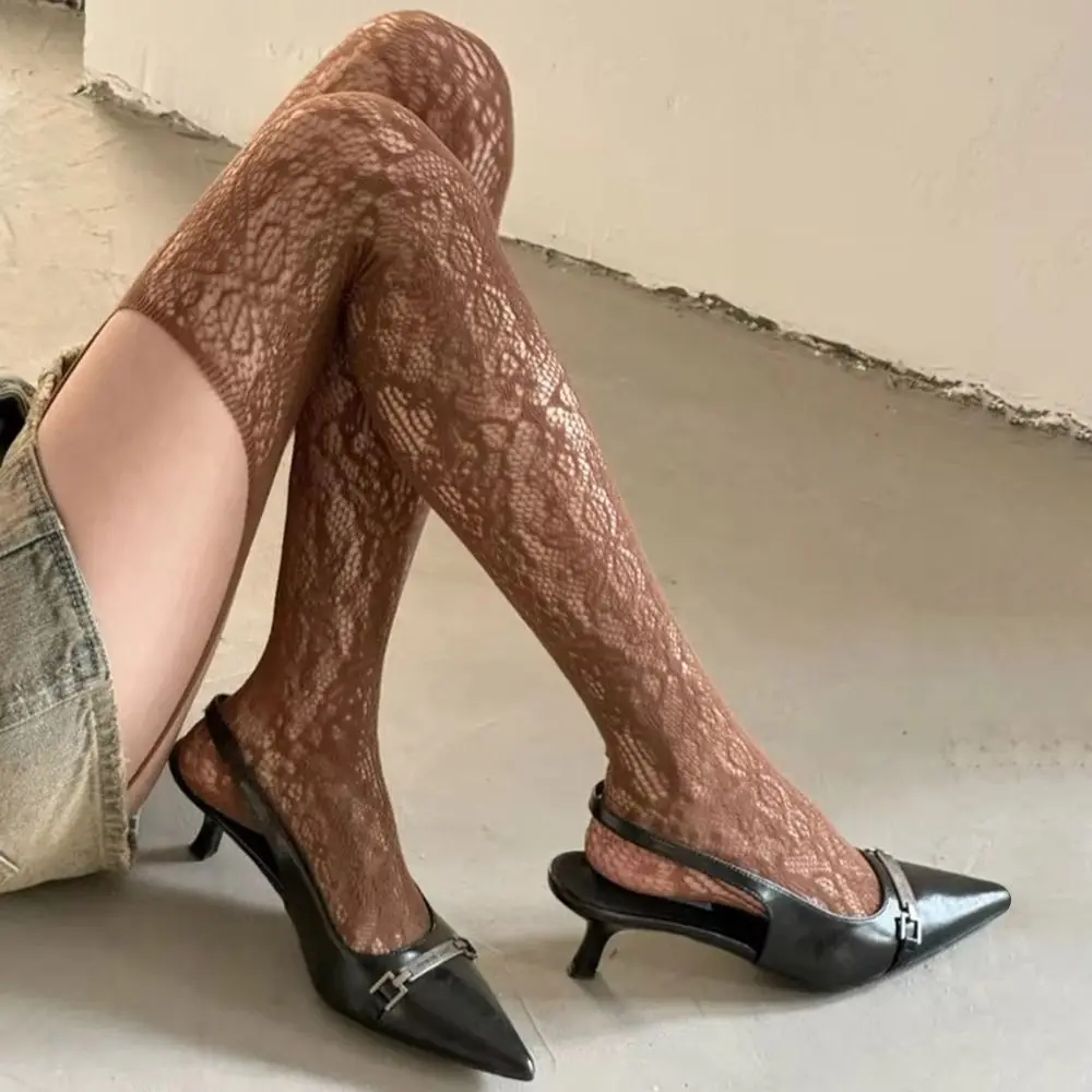 

New Brown Coffee Floral Pattern Stockings Hollow Out Mesh Fishnet Stockings With Suspender Lolita Socks